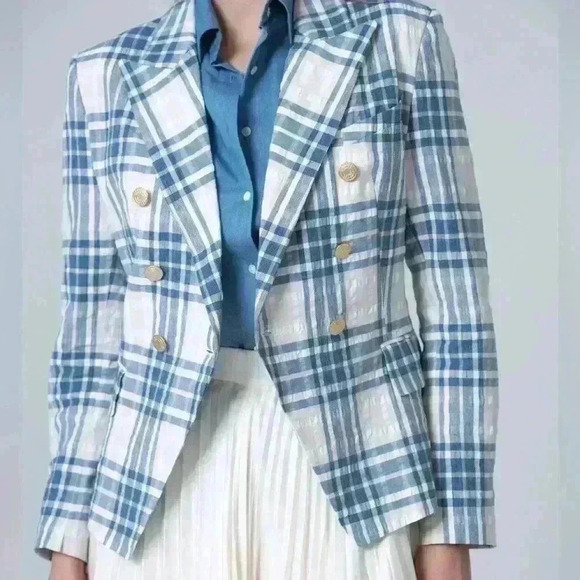 OLIVVI New Fitted Plaid Blazer Jacket NWT Blue & Cream - Picture 1 of 16